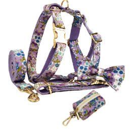 Purple And Wind Floral Dog Collar Hand Holding Rope Metal Bandana Bow Strap Out Shit Bag (Option: 5sets-S)